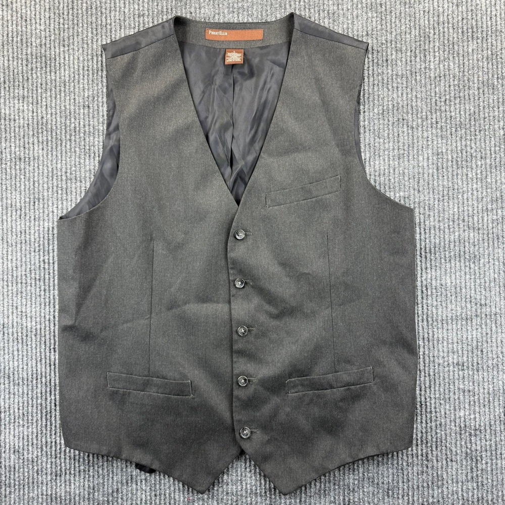 Perry Ellis Mens Charcoal Gray Vest Large Button Front V-Neck Polyester‎ Blend